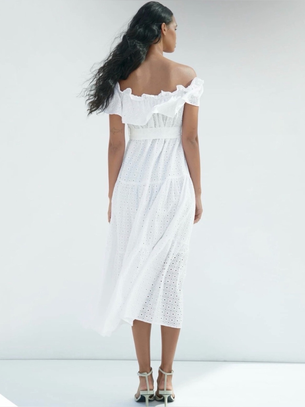 Zara White Eyelet Maxi Dress with Wooden Button Accents - Picture 2 of 10